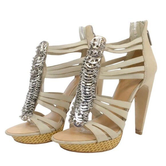 VTG RARE L.A.M.B. Leather Strappy Silver Coin Platform Sandals Heels | Mob Wife - Picture 3 of 15